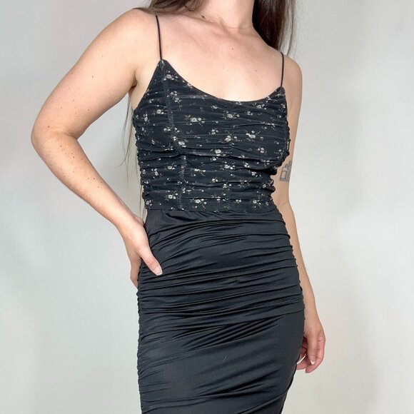 Garage Rouched Floral Black Thin Strap Cropped Tank - Picture 1 of 7